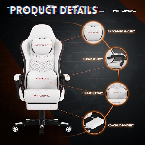Gaming Chair,Big and Tall Gaming Chair 400lbs Office Chair with Footrest, 90-155° Recline & Removable Headrest Lumbar Support[Spring + 4D Sponge] (White)
