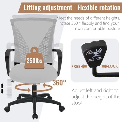 FDW | Mid Back Office Chair | Grey | with Lumbar Support, 360 Swivel
