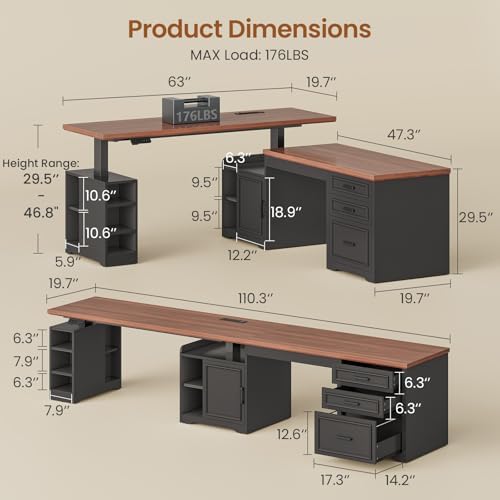 SEDETA Farmhouse L Shaped Electric Standing Desk, 63" x 67" Height Adjustable Office Executive Desk with Drawers and Shelves, Standing Computer Desks with Power Outlet for Home Office, Black+Brown