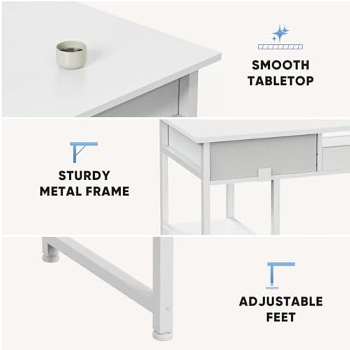 DUMOS 48-Inch Computer Desk with Drawers and Hook, White