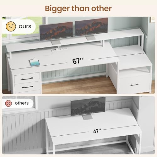 SEDETA Computer Desk with 5 Drawer, Power Outlet, Led Lights, White