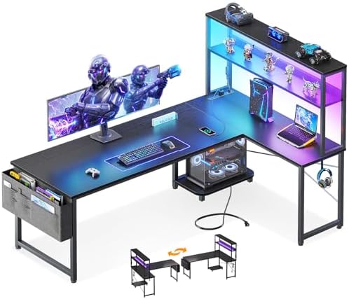 ODK 61" L Shaped Gaming Computer Desk with Shelves, LED & Outlets, Black