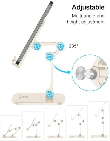 OCYCLONE Phone Stand, Adjustable Height and Angle Foldable Cell Phone Stand Holder for Desk, Taller iPhone Stand Compatible with 4.7"-13" Smartphones iPad Tablet, Beige