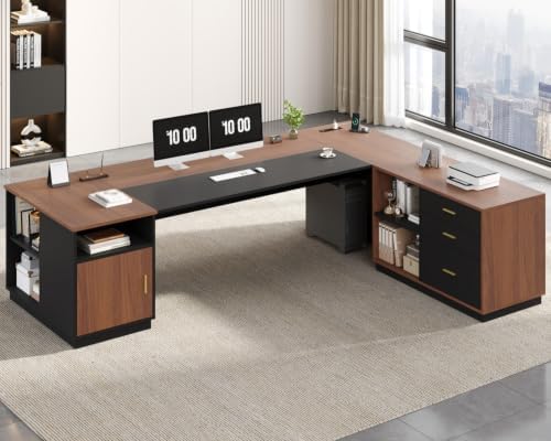 UPOSOJA 78.7" L Shaped Executive Desk with Lateral File Cabinet, Extra Large Office Desk with Drawers & Power Outlets, Modern Corner Computer Desk with Storage Shelves, Business Furniture, Walnut