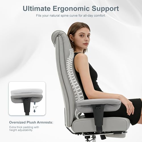 EXCEBET Big and Tall Office Chair 400lbs Wide Seat, Leather High Back Executive Office Chair with Foot Rest, Ergonomic Chairs Lumbar Support for Lower Back Pain Relief (Light Grey)