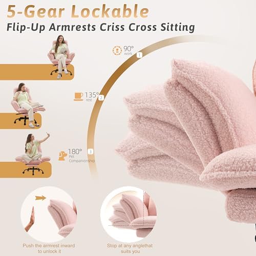 Wider Seat Office Chair with Flip Armrests for Criss Cross Legged&Cats, Big and Tall Executive Ergonomic Reclining Chair with Footrest&Lumbar Pillow, Teddy Fleece Desk Chair,Pink Vanity Chair