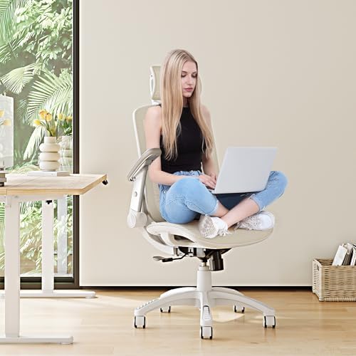 GABRYLLY Ergonomic Office Chair, High Back Home Desk Chair with Headrest, Flip-Up Arms, 90-120° Tilt Lock and Wide Cushion, 300LBS Mesh Chairs for Man Woman, White Task Chair(Beige,GY01WBG)
