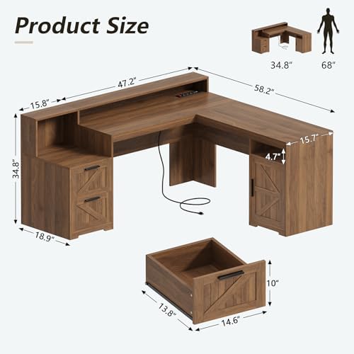 Farmhouse L Shaped Desk with Drawers & Printer Shelf for Home Office