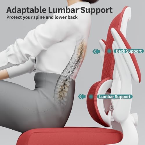 TRALT Office Chair - Ergonomic Desk Chair with Adjustable Lumbar Support, Mesh Computer Chair, Executive Chair for Home Office Comfortable Lumbar Support (1, White Red)