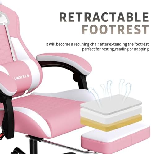 Gaming Chair with Massage,Ergonomic PC Gaming Chair with Footrest Comfortable Headrest and Lumbar Support,High Back Game Chair PVC Leather,300LBS (Pink)