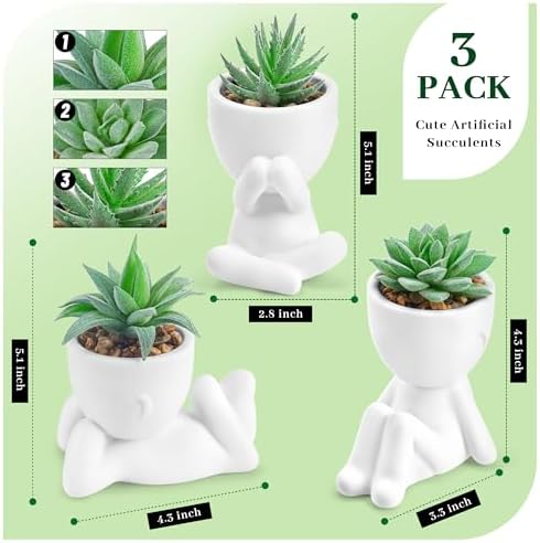 Der Rose 3 Pack Fake Succulents in White Human-Shaped Pots for Desk Decor