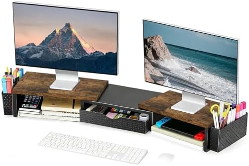 Spacrea Wood Dual Monitor Stand Riser with Drawer and 2 Pen Holders