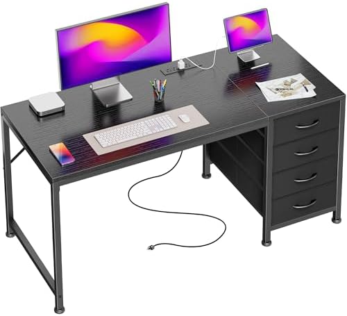 PRAISUN 47.2Inch Computer Office Desk with Power Outelts and USB-C Port, Reversible Gaming Desk with 4 Fabric Drawers, Work Study Desk Work from Home, Black