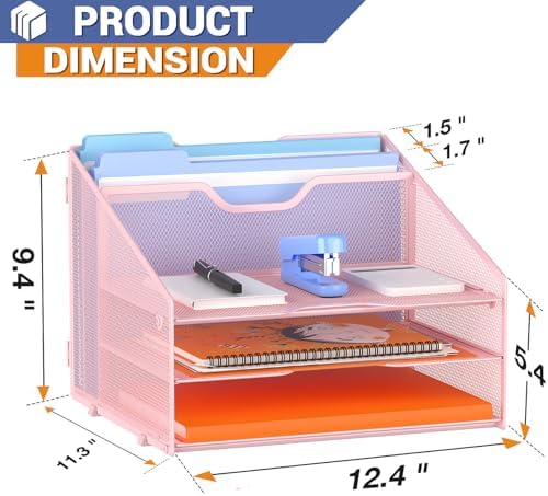 GAWERK Letter Tray Organizer, Mesh Desk File Organizer with 3 Paper Trays and 2 Vertical Upright Section (Pink)