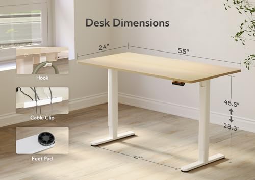 Claiks Electric Height Adjustable Standing Desk, 55x24 Inch, Nature