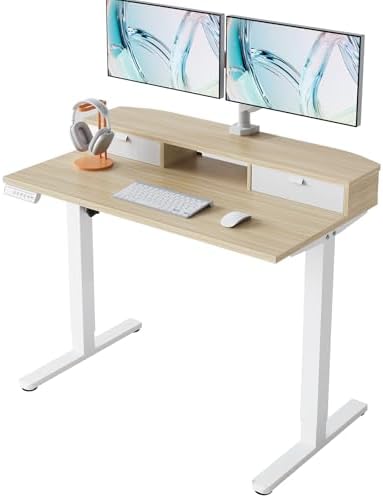 HUANUO 40" X 24" Electric Standing Desk with 2 Drawers, C-Clamp Mount Compatible, Height Adjustable Computer Desk, Home Office Stand Up Desk with 4 Preset Heights & 2 Hooks, Light Walnut