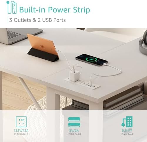 Lufeiya White L Shaped Computer Desk with Drawers & Storage Shelves, 47 Inch Corner Reversible Desk with Power Outlet for Home Office Bedroom, L-Shaped Teen PC Desks with Fabric Drawer, White