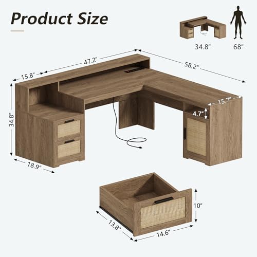63" Rattan L Shaped Desk with Drawers & Printer Shelf for Home Office