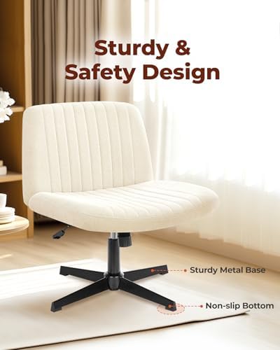 NEO Chair Criss Cross Chair No Wheels, Armless Cross Legged Office Desk Chair, Vanity Makeup Fabric Computer Comfy Adjustable Swivel Ergonomic Living Bedroom for Home Office (Fabric Beige)