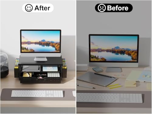 gianotter Desk Organizers and Accessories, Monitor Stand with Drawer and 2 Pen Holder, Desktop Organizer Suitable for Offices and Dormitories (Matte Black)