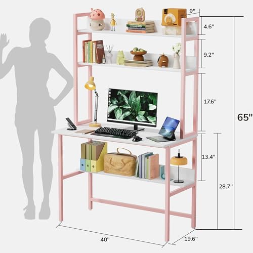 Aquzee 40 Inch Pink Desk with Shelves, Computer Desk with Hutch