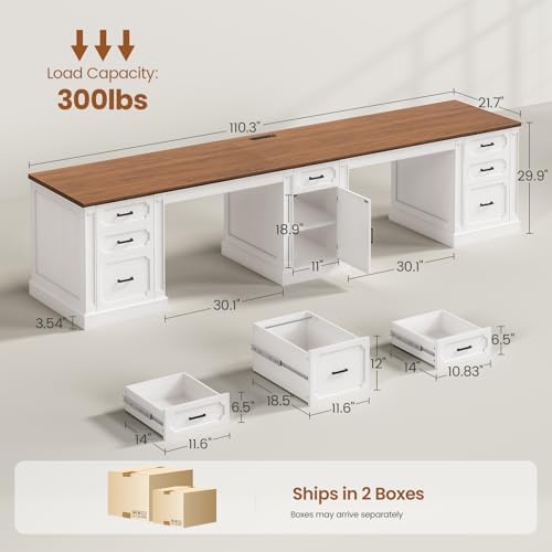 SEDETA Farmhouse 110.3" Two Person Desk with 7 Drawers, Long Computer Desk with Storage Cabinet, 2 Person Desk with Power Outlets for Home Office, White+Brown
