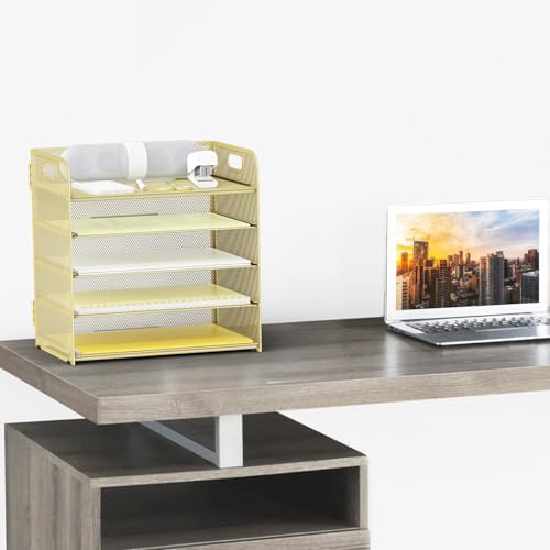 Sinboun Letter Tray Paper Organizer 5-Tier Desk Organizer File Organizer Paper Holder with Handle, Metal Desktop Document Shelf Tray Office Classroom Organization - Gold