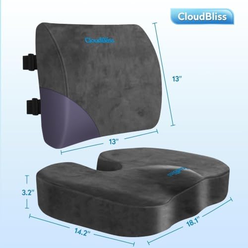CloudBliss Ergonomic Seat Cushion & Lumbar Support Pillow Set, Grey, Large