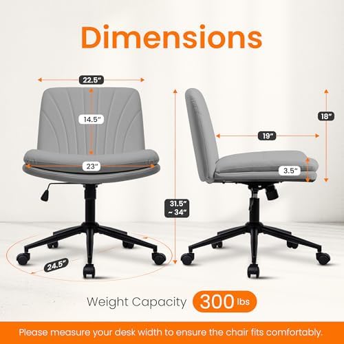 NEO CHAIR Criss Cross Chair with Wheels Armless Cross Legged Office Desk Wide Comfy Vanity Makeup Chair Adjustable Swivel Rolling Computer for Home Office PU Leather (Grey)