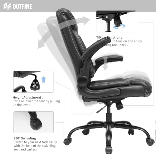 Flip-Up Arms Executive Office Chair, 300lbs, Hydrolysis-Resistant Leather