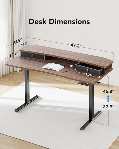 HUANUO 48″ x 24″ Electric Standing Desk with 2 Drawers, C-Clamp Mount Compatible, Height Adjustable Computer Desk, Home Office Stand Up Desk with 4 Preset Heights & 2 Hooks, Walnut