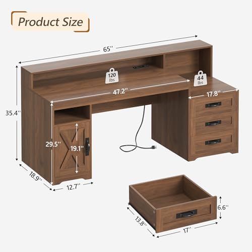 65" Farmhouse Computer Desk with Drawers and Printer Stand for Home Office