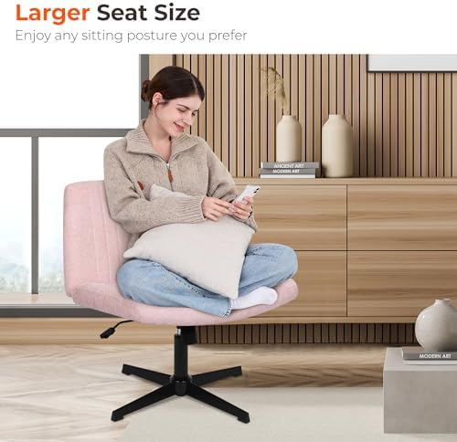 NEO Chair Criss Cross Chair No Wheel Vanity Desk Chair Wide Armless Cross Legged Office Comfy Makeup Adjustable Computer Task for Home Office Fabric (Pink)
