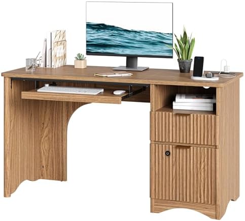 Bestier 55" Office Desk with Locking File Drawer & Charging, Brown