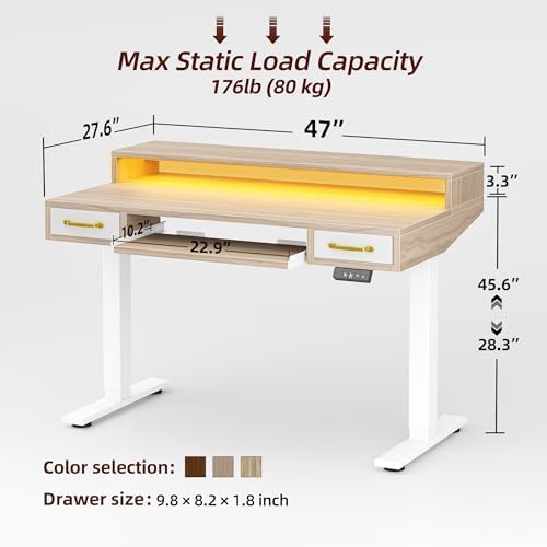 TIQLAB Standing Desk with Two Drawers, Stand Up Standing Desk Adjustable Height, Electric Sit Stand Table with Storage Shelf and Splice Board, with LED Light, 47 * 28 inch, Light Walnut