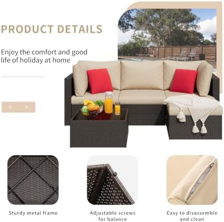 Shintenchi 5 Pieces Patio Furniture Sets Outdoor All-Weather Sectional Patio Sofa Set PE Rattan Manual Weaving Wicker Patio Conversation Set with Glass Table&Ottoman Cushion and Red Pillows, Beige