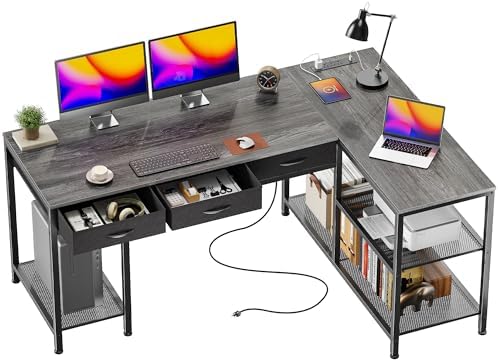 PRAISUN 55 Inch L Shaped Office Desk with Power Outlets and Type-C Port, Large Computer Gaming Desk with 3 Fabric Drawers, Mesh Shelves, Corner Study Work Writing Desk, Grey