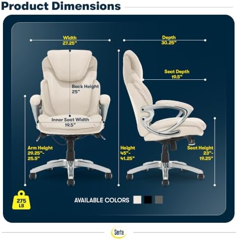 Serta Bryce Executive Office Chair - Ergonomic Computer DeskChair with Lumbar Technology - Adjustable Height - Memory Foam Body Pillows - 360° Swivel Rolling Base - Bonded Leather - Cream