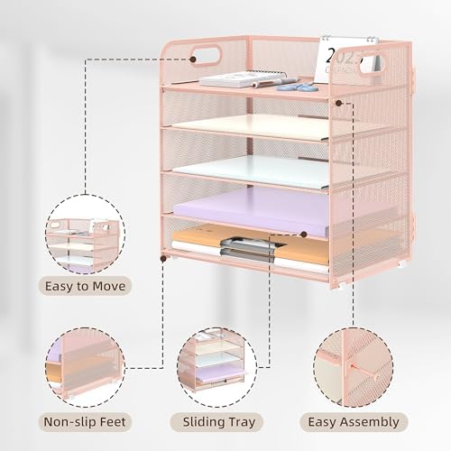 2 Pack 5-Tier Pink Desk Organizer with Handle Mesh Desk File/Paper Organizer Letter Tray for Office, School, Classroom and Home Easy Installation