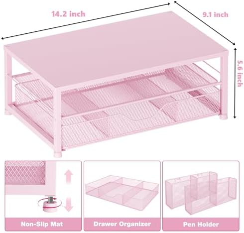 OPNICE Desk Organizer and Accessories, 2-Tier Computer Monitor Stand Riser with Drawer and 2 Pen Holders, Laptop Stand, Office Desk Accessories for Office Supplies, Pink