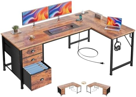 Furologee 55" L Shaped Desk with Power Outlets & USB-C Port, Reversible Corner Office Desk with File Drawers, Work Study Gaming Table for Home Office, Dorm, Rustic Brown