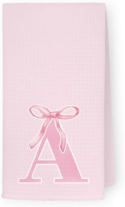 Monogrammed Initial A Hand Towels for Bathroom, Personalized Gifts for Women Girls Birthday Christmas, Coquette Preppy Pink Bows Waffle Kitchen Dish Tea Towels with Initial, 16x24 Inch