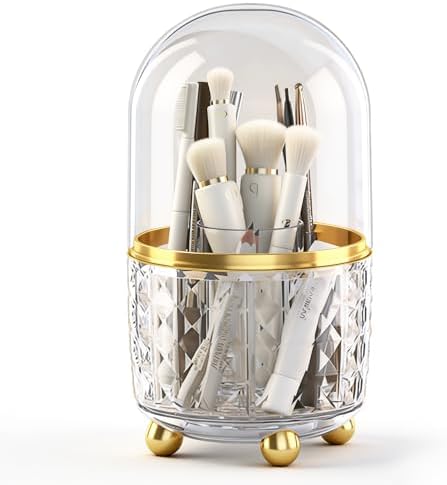 GOTOBA 360° Rotating Pencil Holder for Desk, Makeup Brush Holder with 6 Slots, Desk Organizer for Writing Utensil, Office and School Supplies (Clear with cover)