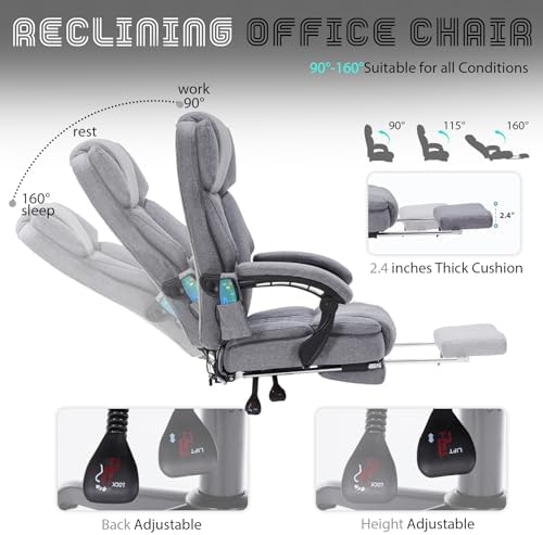 Massage Office Chair with Foot Rest 6 Points Vibration and Heat Home Office Desk Chairs for Heavy People 400lbs Reclining Managerial Chairs Ergonomic Executive Chair (Grey)