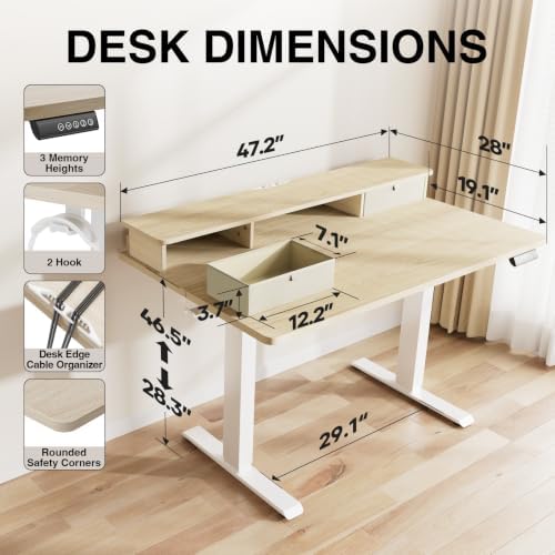 Veken 47x28 in Electric Standing Desk with Drawers, Adjustable Table, Wood