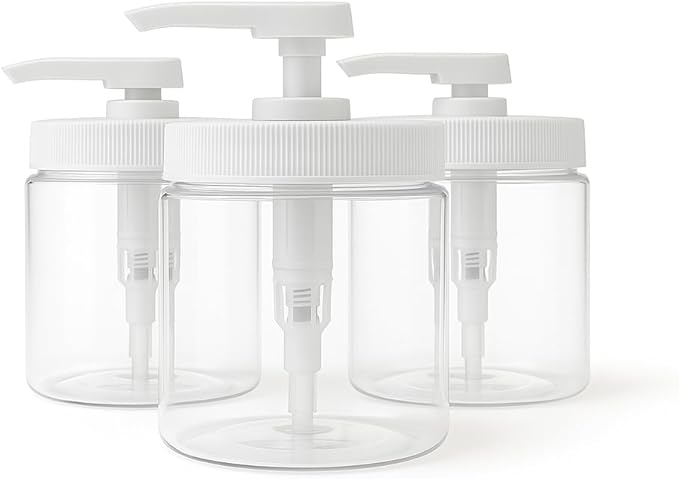 Royal Massage 16oz Refillable Pump Jar with Locking Dip Tube Dispenser – BPA-Free Plastic Container for Massage Oils, Lotions, Creams – Ribbed Lid Wide-Mouth Jar – Durable & Reusable (Clear/White, 3)
