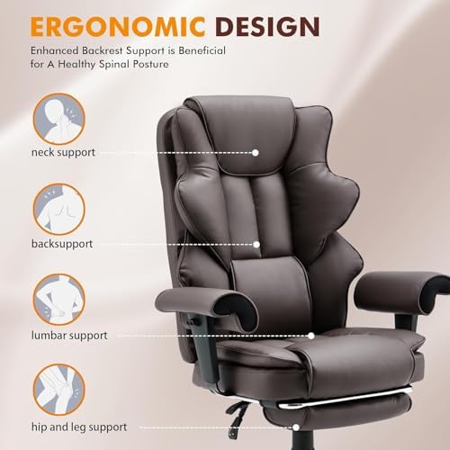 HOMREST 6-Point Massage Executive Chair,Heat Office Chair,Ergonomic Home Office Desk Chairs with Retractable Footrest and Reclining Function,Leather Computer Chair with Adjustable Armrest(‌Brown)