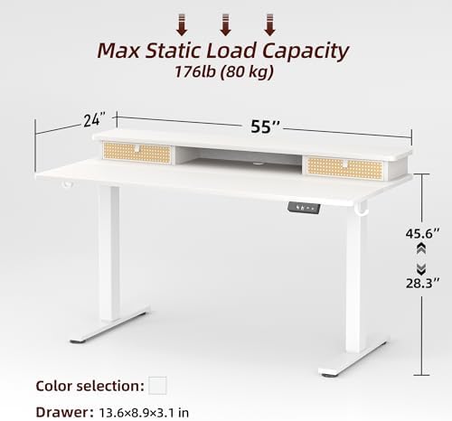 TIQLAB Standing Desk with Two Drawers, Stand Up Standing Desk Adjustable Height, Electric Sit Stand Table with Storage Shelf and Splice Board, 55 * 24 inch, White Wicker