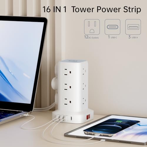 Extension Cord with Multiple Outlets, SMALLRT Flat Plug Power Strip Tower, Outlet Extender with USB 12 AC Outlets, 10FT Ultra Thin Extension Cord for Home Office, Overload Protection