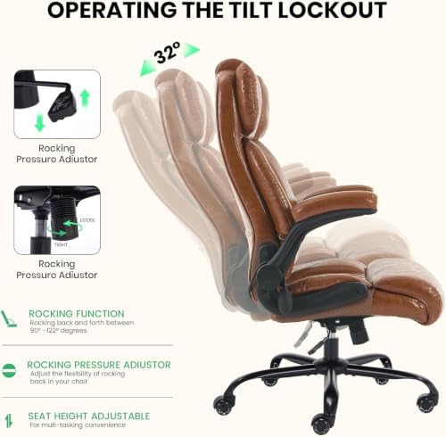 500lbs Big and Tall Office Chair Adjustable Lumbar Support for Back Pain, Extra Wide Seat Executive Office Chair Thick Armrest Pad, Heavy Duty Base&Upgraded Wheels, Ergonomic Desk Chair (Brown)